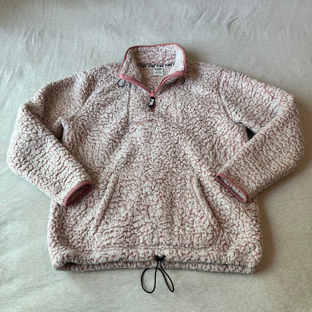 PINK Victoria's Secret Sherpa Fleece Quarter Zip Pullover Pink Large L Mock Neck